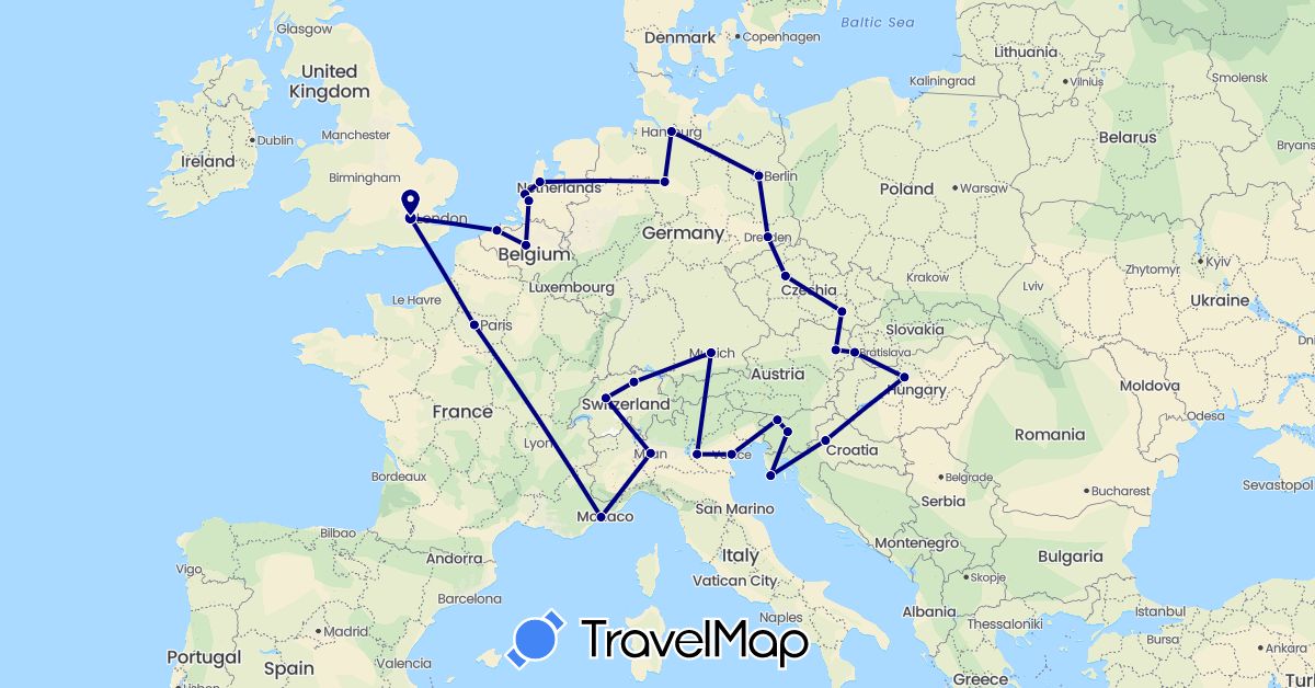 TravelMap itinerary: driving in Austria, Belgium, Switzerland, Czech Republic, Germany, France, United Kingdom, Croatia, Hungary, Italy, Netherlands, Slovenia, Slovakia (Europe)