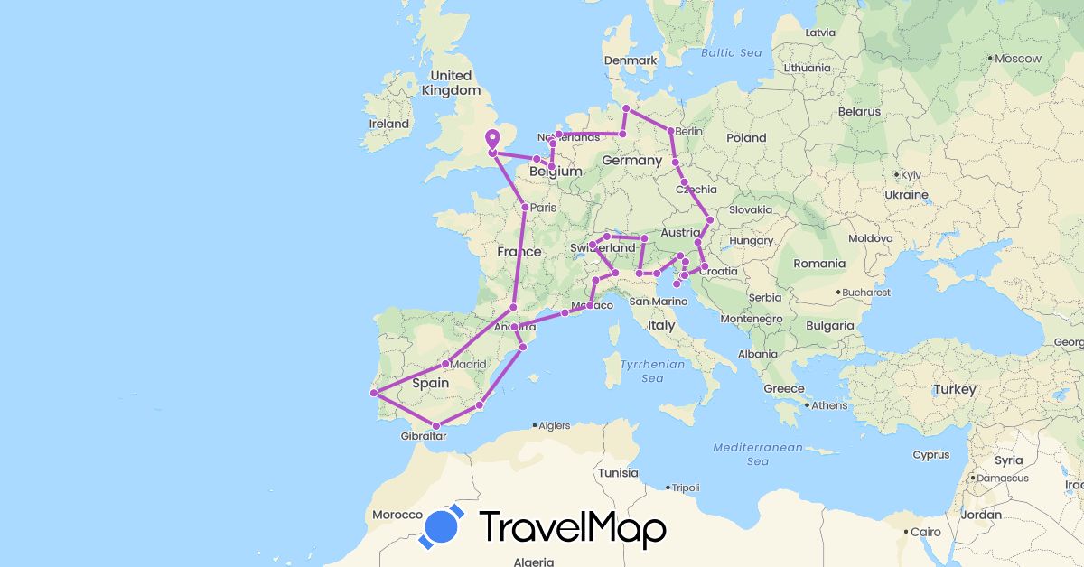 TravelMap itinerary: driving, train in Andorra, Austria, Belgium, Switzerland, Czech Republic, Germany, Spain, France, United Kingdom, Croatia, Italy, Netherlands, Portugal, Slovenia (Europe)