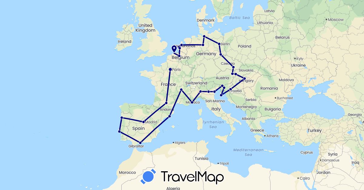 TravelMap itinerary: driving in Austria, Belgium, Czech Republic, Germany, Spain, France, Croatia, Hungary, Italy, Netherlands, Portugal, Slovenia, Slovakia (Europe)