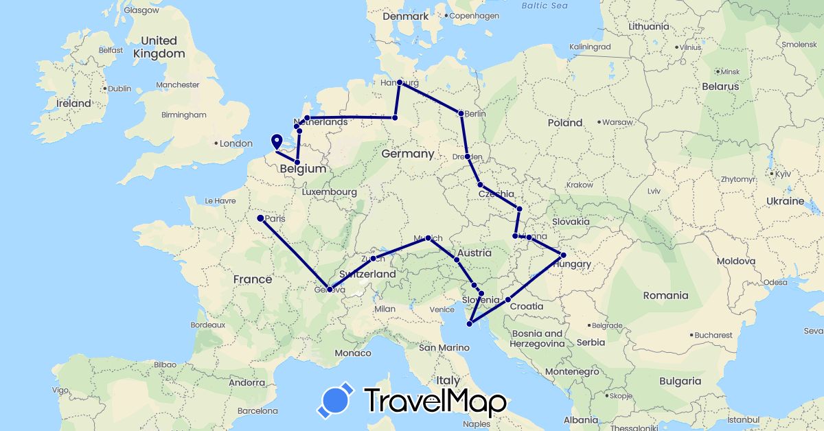 TravelMap itinerary: driving in Austria, Belgium, Switzerland, Czech Republic, Germany, France, Croatia, Hungary, Netherlands, Slovenia, Slovakia (Europe)